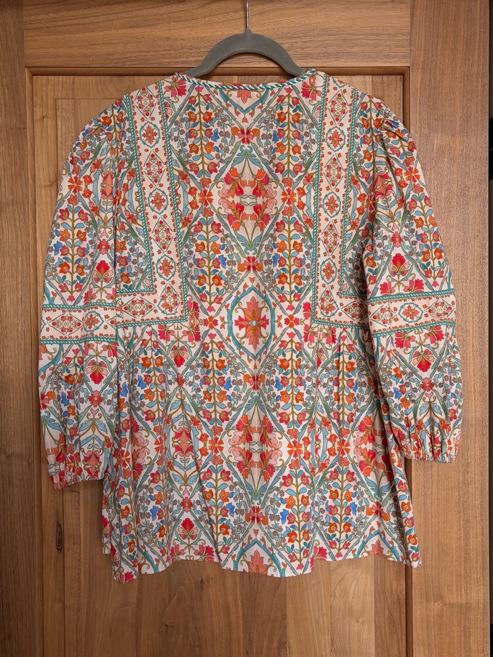 EUC SHOSHANNA Remi Top Pullover Neck Tie Stretch Cotton 3/4 Sleeve XL Teal/Coral - Picture 4 of 12